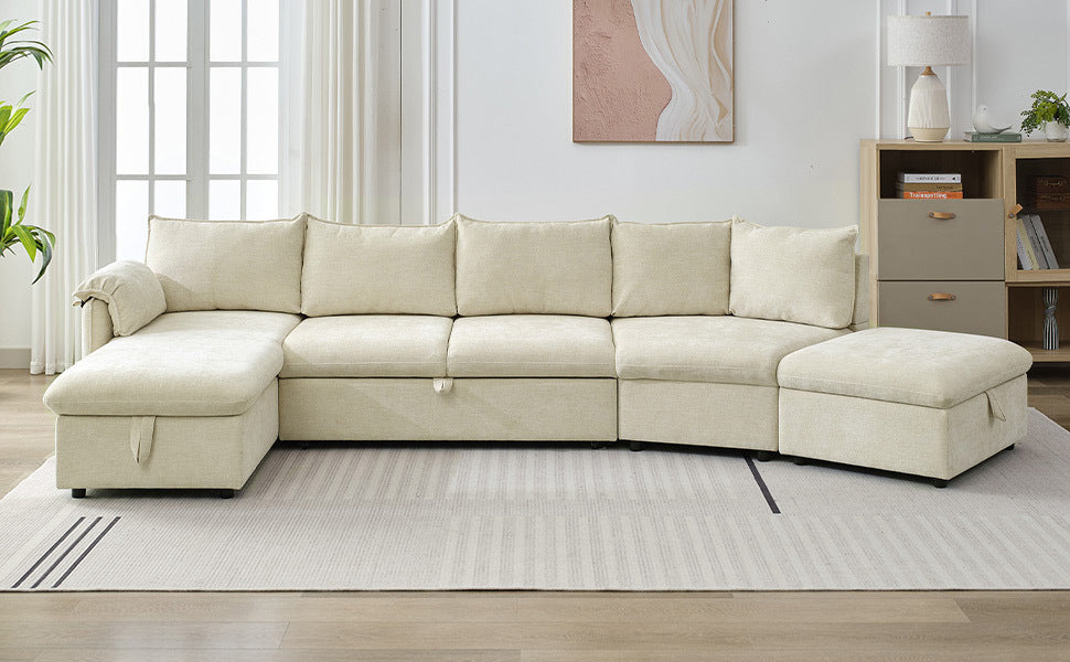 146.9" L Shaped Sofa Sectional Sofa Couch Pull Out Sofa Bed With A Movable Storage Ottoman, A Storage Chaise Lounge And Two Usb Ports For Living Room, Beige Beige Foam Linen 5 Seat