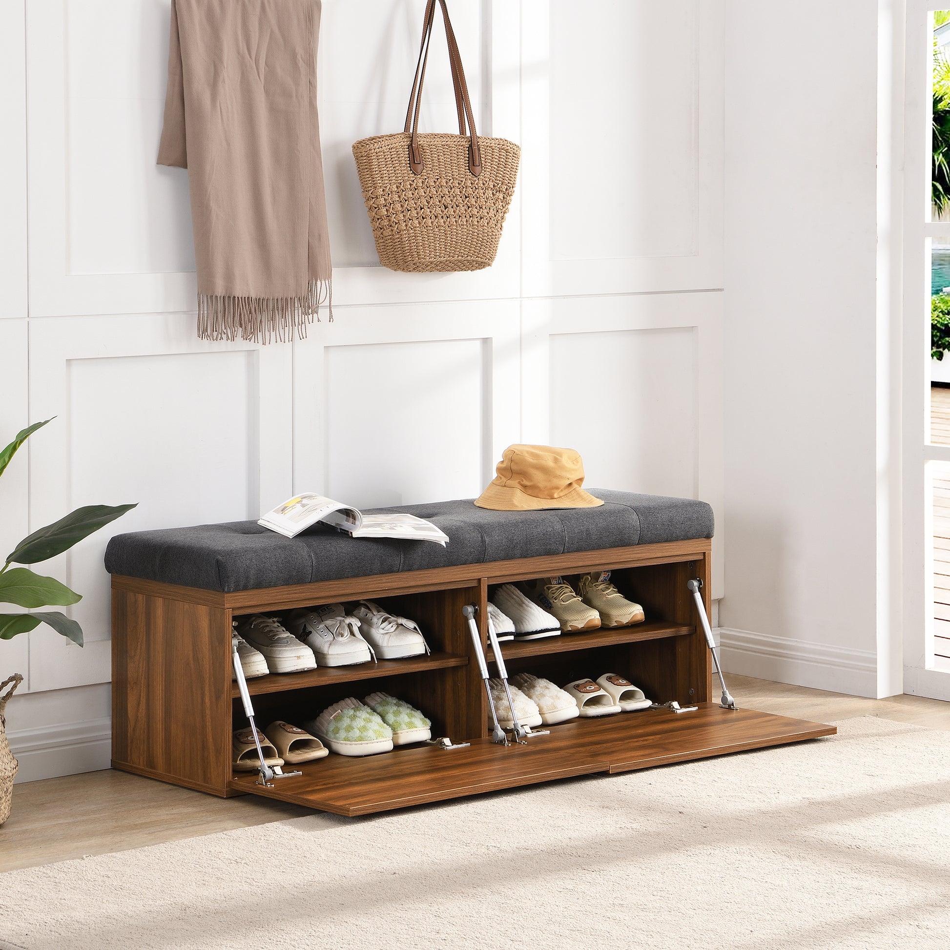 49" Shoe Storage Bench Entryway Shoe Cabinet Storage Ottoman With Padded Seat Cushion And Double Doors For Entryway, Hallway And Bedroom, Dark Grey Cushioned Dark Gray Linen Or Linen Blend Solid