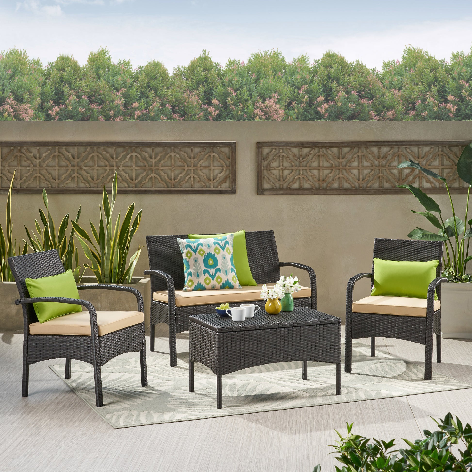 Cordoba Kd Wicker 4 Pc Chat Set Brown Tan Pe Rattan Iron Waterproof Fabric