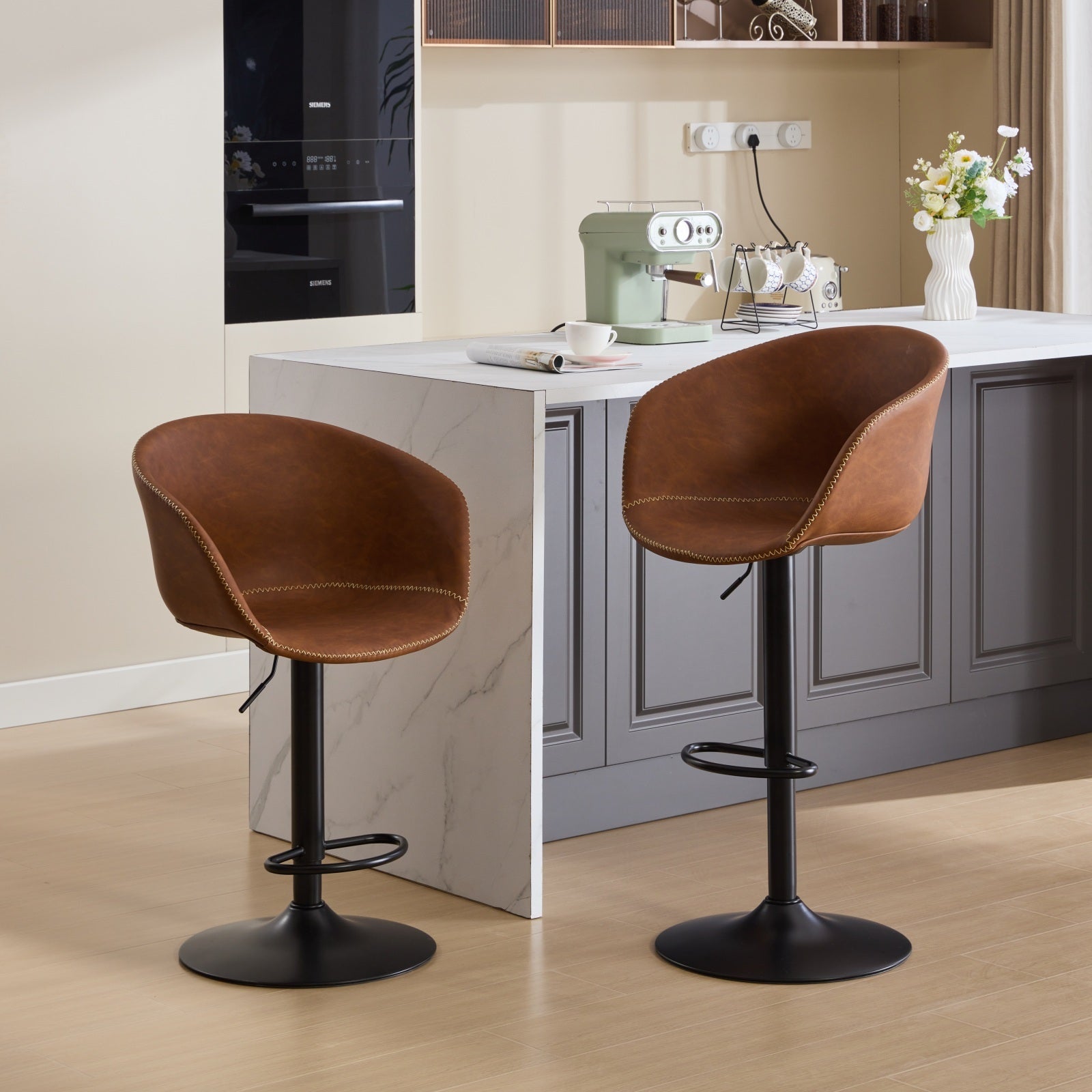Adjustable Swivel Bar Stools, Mid Century Modern Pu Leather Upholstered Counter Height Bar Stool, Kitchen Island Barstools With Minimalism Style, 1 Chair 1Carton,Brown Brown Pu Mid Century Modern,Minimalist Bar Stools 1 Foam Pu Leather