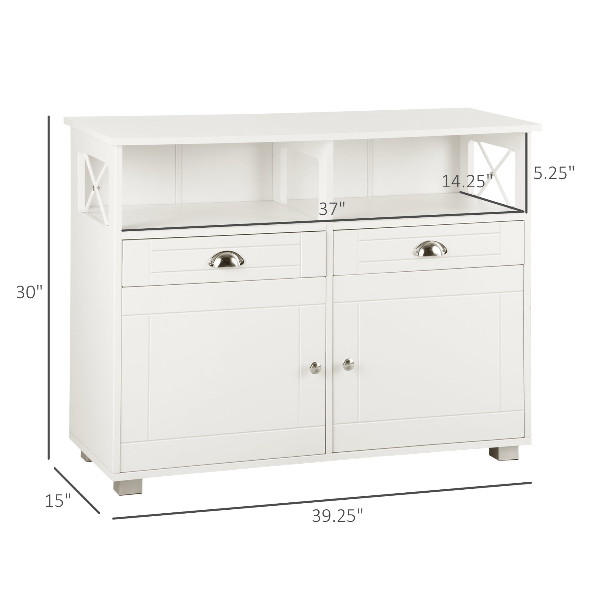 Homcom Sideboard Buffet Cabinet, Coffee Bar Cabinet, Kitchen Cabinet With Storage Drawers, Large Tabletop And Crossbar Side Design, White White Mdf