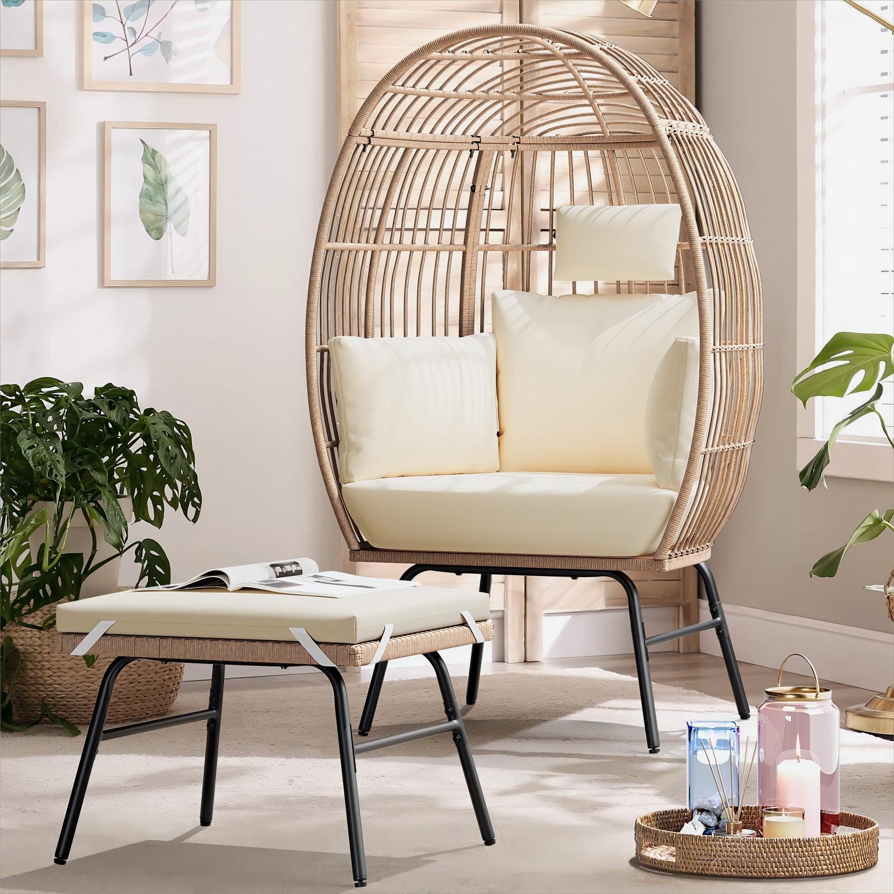 Outdoor Garden Wicker Egg Chair And Footstool Patio Chaise, With Cushions, Outdoor Indoor Basket Chair Yes White Natural Seats 2 Garden & Outdoor European,Modern Steel