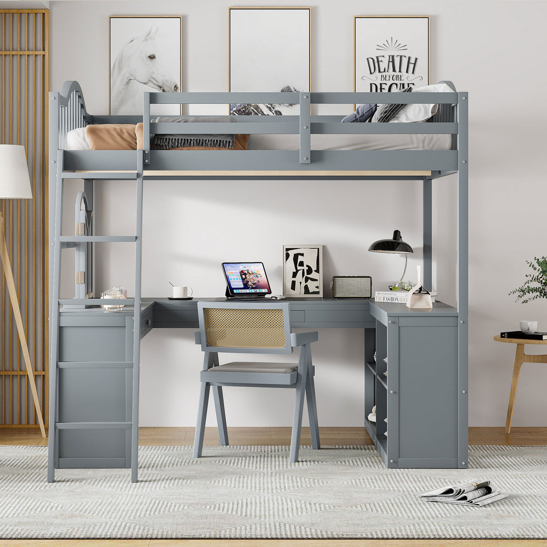 Full Wooden Loft Bed With U Shaped Desk,Storage Compartments And Tri Fold Mirror, Gray Gray Plywood,Solid Wood Mdf