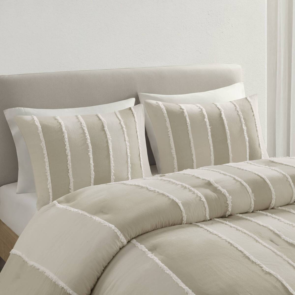 3 Piece Striped Cotton Comforter Set Taupe King Cal King Taupe Cotton