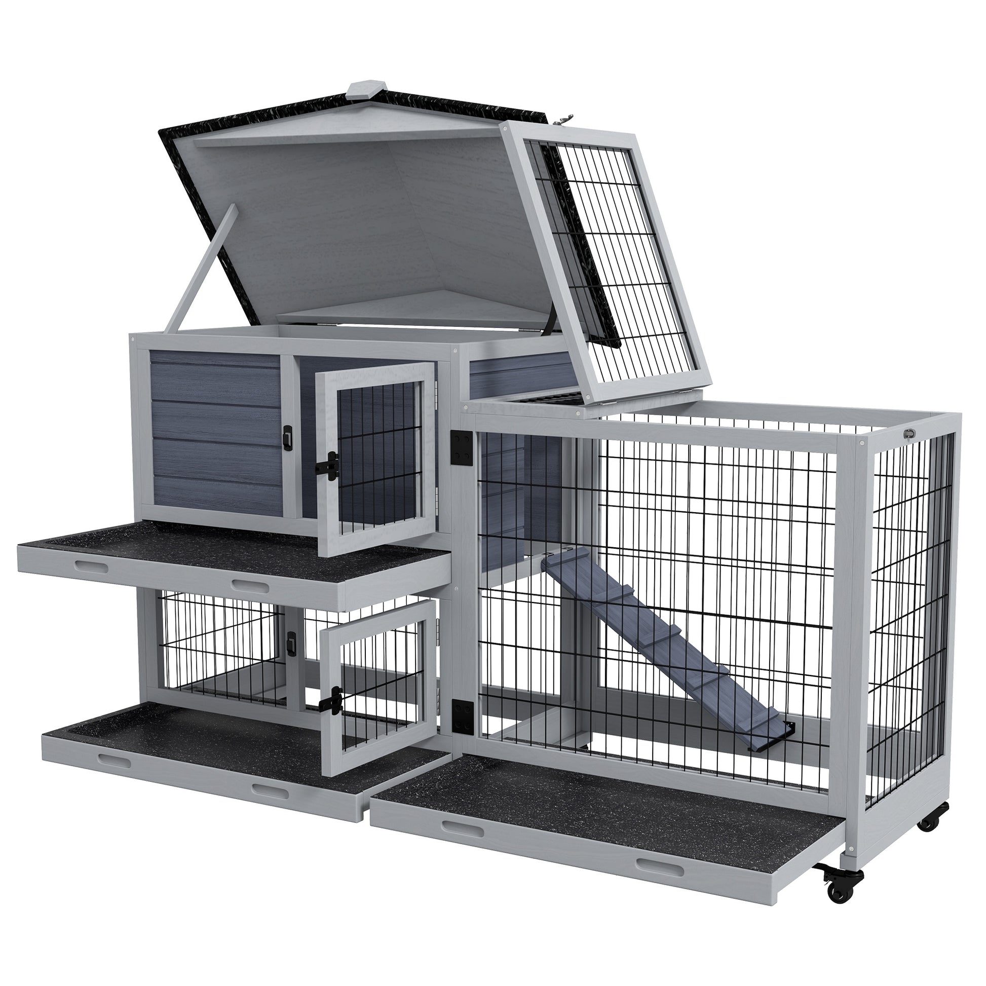 Pawhut Rabbit Hutch 2 Story Bunny Cage Small Animal House With Slide Out Tray, Wheels, For Indoor Outdoor, 59.8" X 20.9" X 39.2", Gray Grey Wood