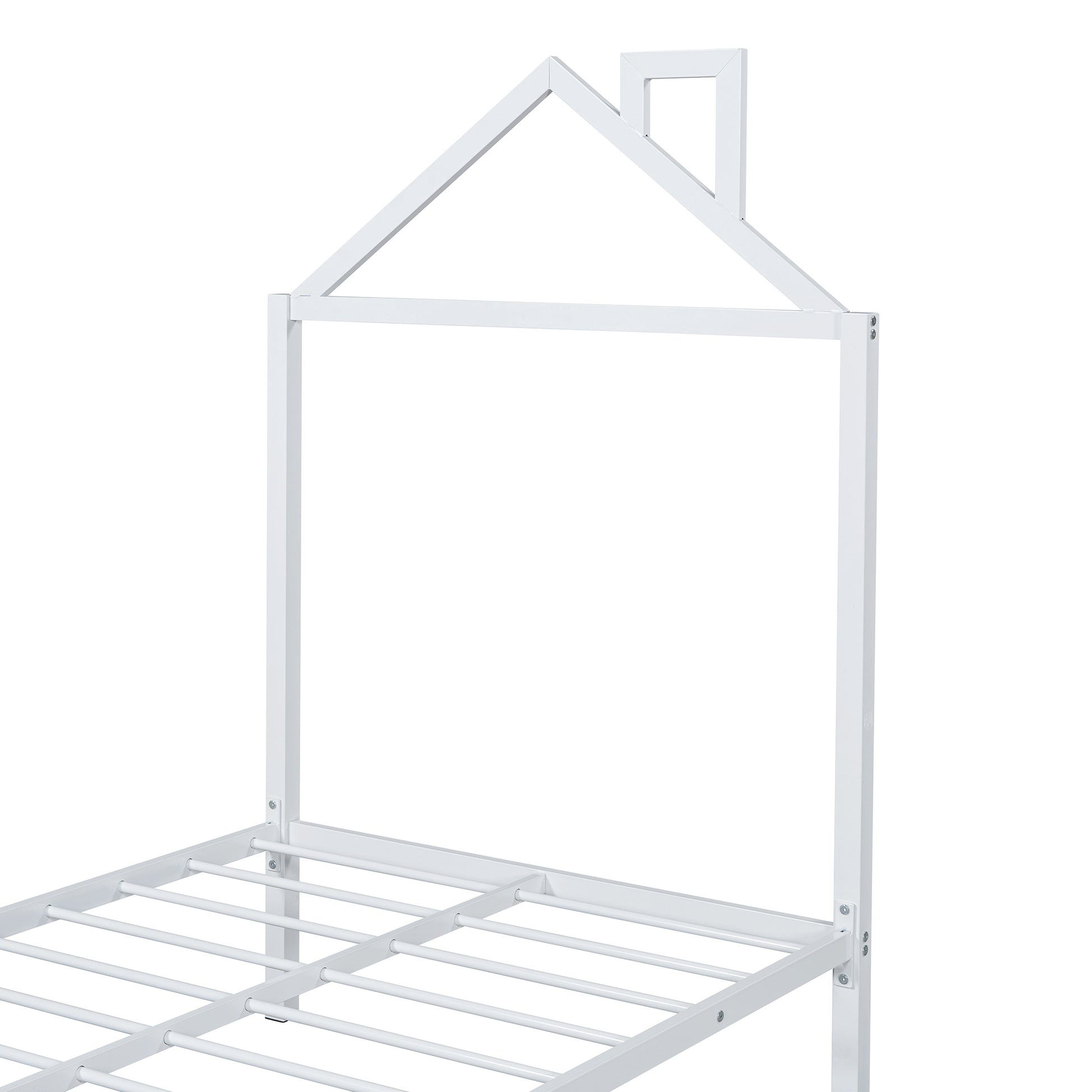 Twin Size Metal Platform Bed With Twin Size Trundle,House Shaped Headboard Design, White Twin White Metal