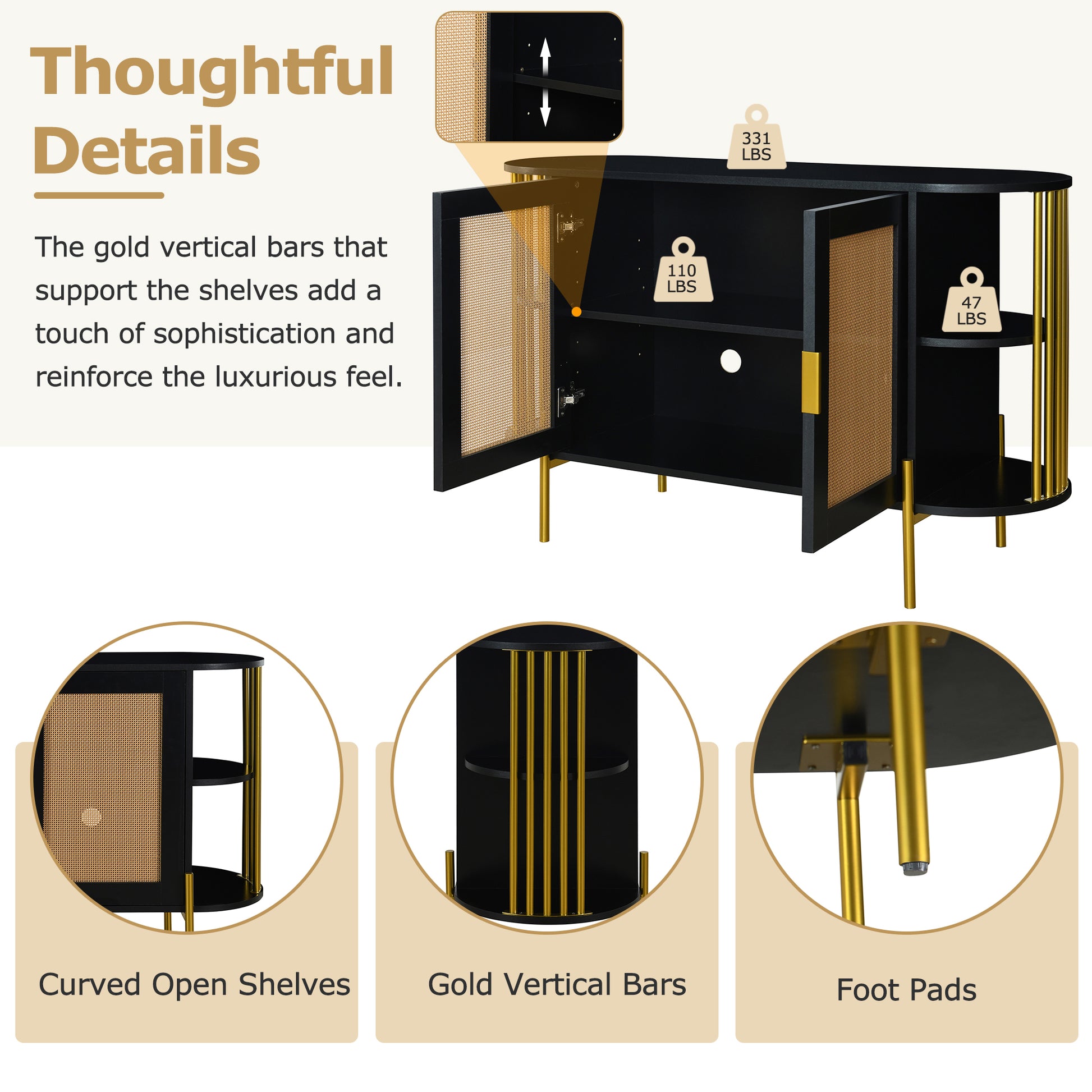 2 Door Elegant Curved Dining Cabinet With Gold Trim And Woven Rattan Doors For Dining Room Black Black Particle Board