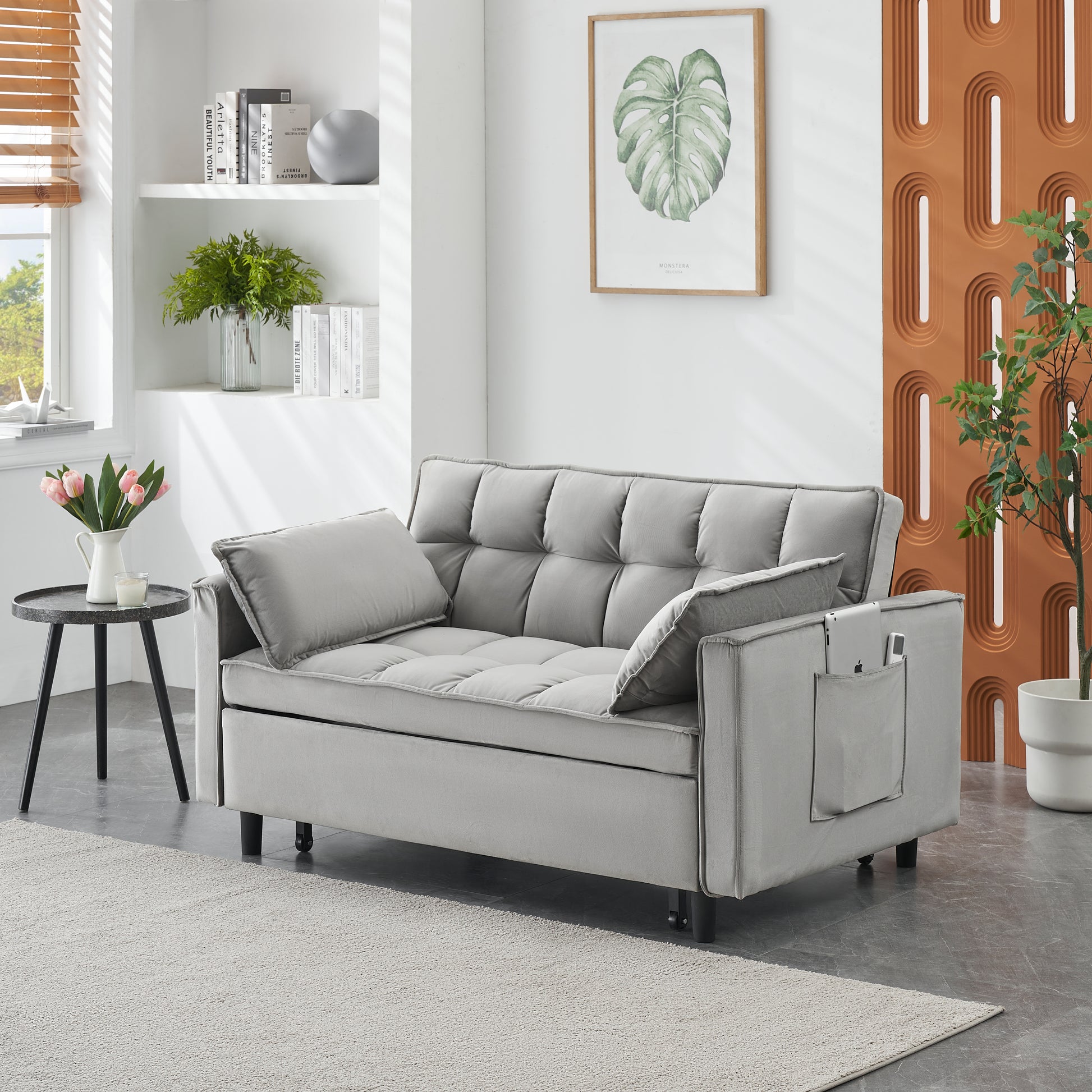 Modern Velvet Loveseat Futon Sofa Couch Pullout Bed, Small Beautiful Seat Lounge Sofa W Reclining Backrest, Toss Pillows, Pockets, Furniture For Living Room,3 In 1 Convertible Sleeper Sofa Bed, Gra Gray Velvet 2 Seat