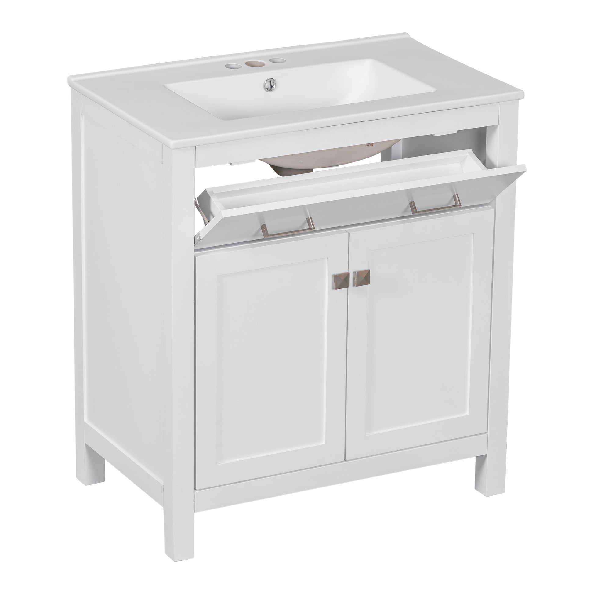 30 Inch Bathroom Vanity With Ceramic Sink, Modern White Single Bathroom Cabinet With 2 Doors And A Shelf, Soft Close Doors White Bathroom Solid Wood Mdf