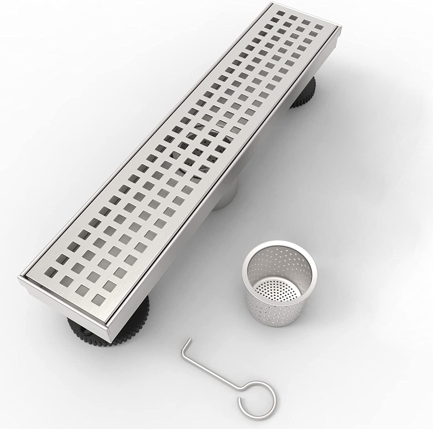 12 Inches Linear Shower Drain With Removable Quadrato Pattern Grate, 304 Stainless Shower Drain Included Hair Strainer And Leveling Feet Brushed Nickel Stainless Steel