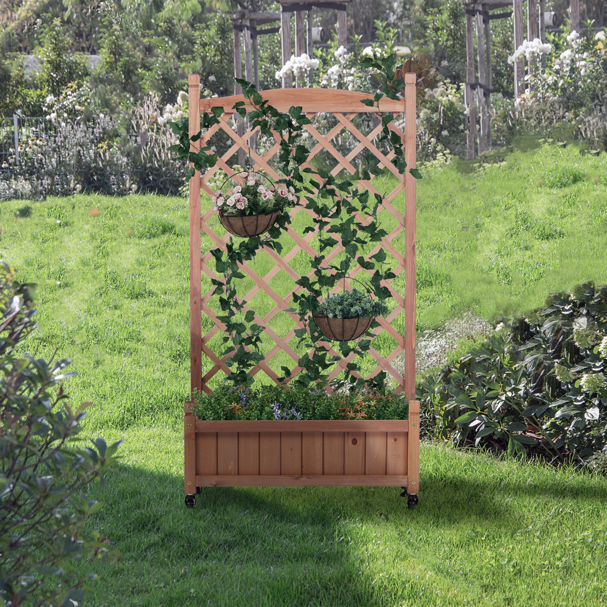Raised Garden Bed With Trellis 2 Pack, Outdoor Wooden Planter Box & Plant Stand With Climbing Racks Brown Solid Wood