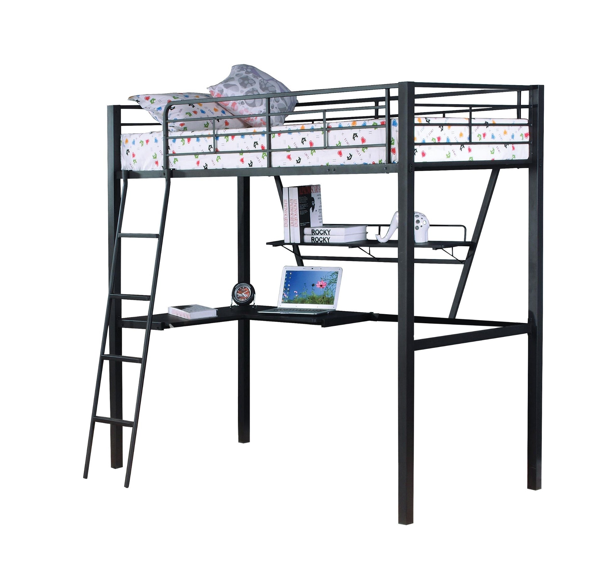 Senon Silver & Black Finish Twin Loft Bed W Desk Black,Silver Metal,Synthetic Wood