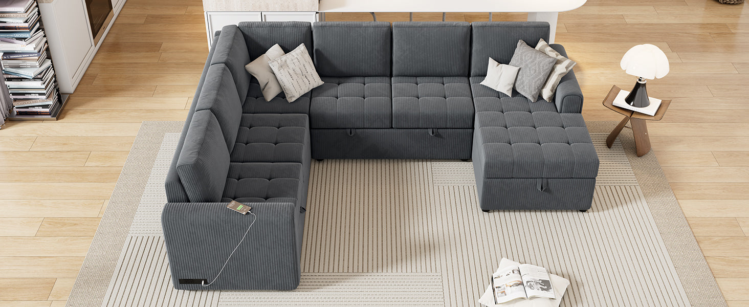 107.5" U Shaped Sofa Sectional Sofa Pull Out Sofa Bed With A Storage Chaise Lounge, Charging Devices For Living Room, Gray Gray Foam Corduroy 5 Seat