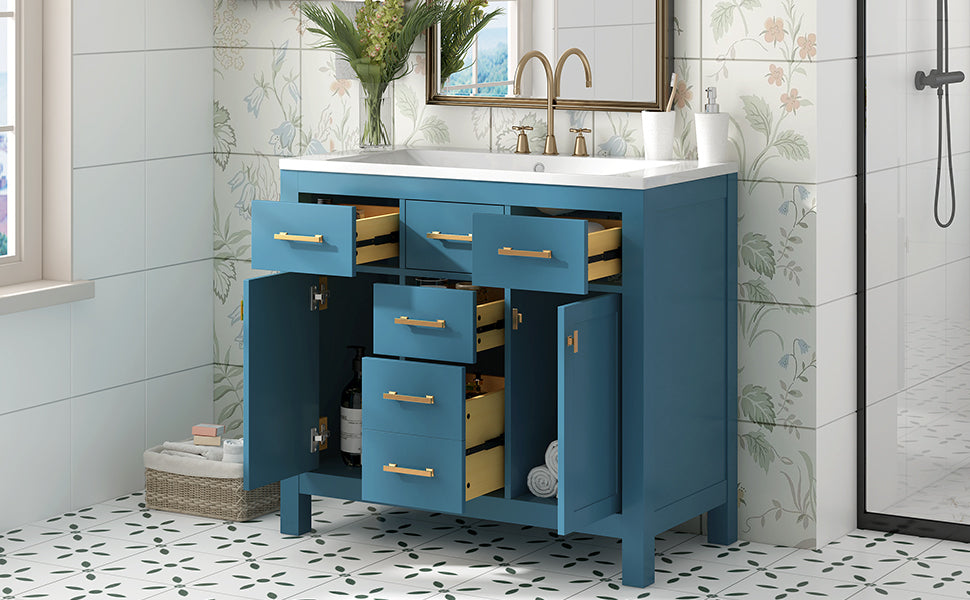 36'' Bathroon Vanity With Resin Sink Combo Set,Modern Freestanding Single Bathroom Cabinet With 4 Drawers & 2 Cabinets,Storage Cabinet For Bathroom, Solid Wood Frame Vanity Set, Blue 4 Blue 2 Adjustable Hinges Bathroom Freestanding Modern Solid Wood Mdf