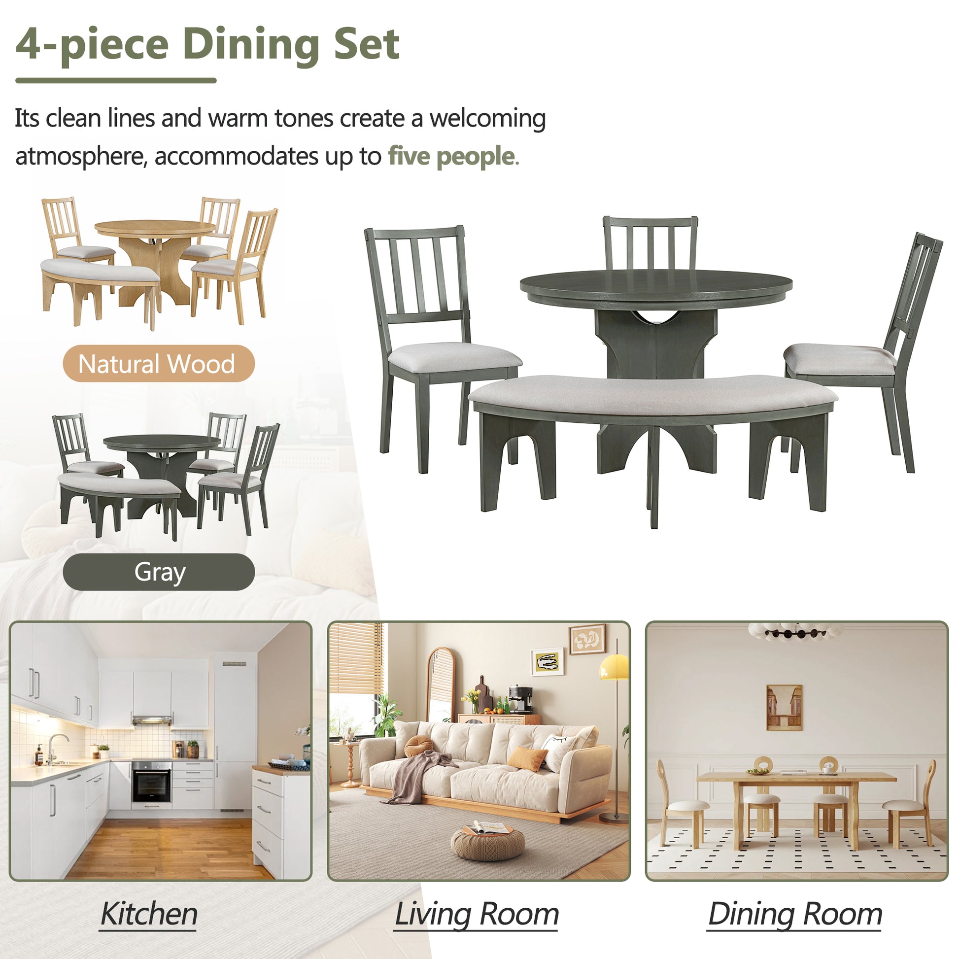 5 Piece Rustic Charm Round Dining Set With 3 Upholstered Chairs And Curved Bench For Dining Room, Kitchen And Living Room Gray Gray Rubber Wood