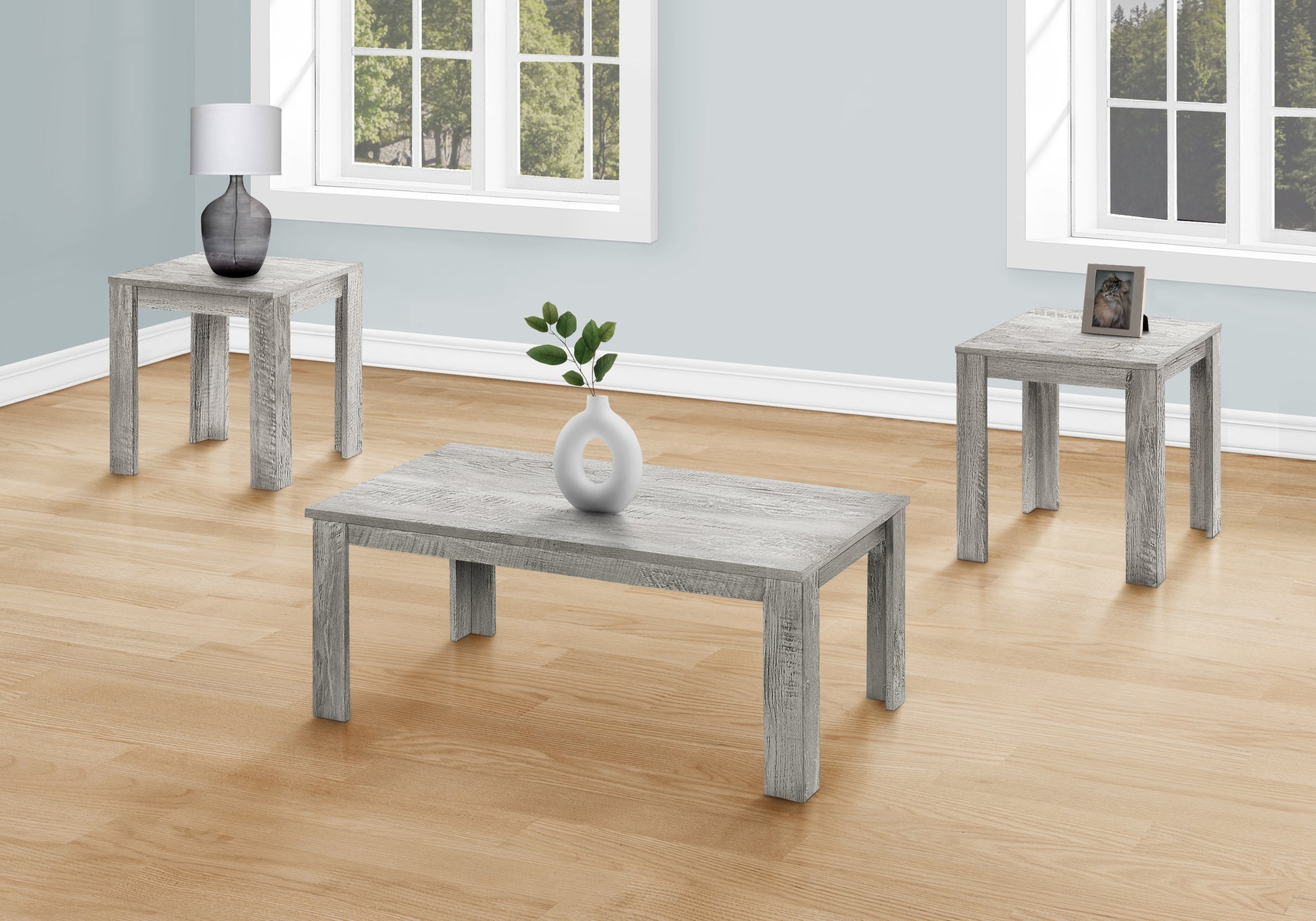 Table Set, 3Pcs Set, Coffee, End, Side, Accent, Living Room, Grey Laminate, Transitional Grey Particle Board