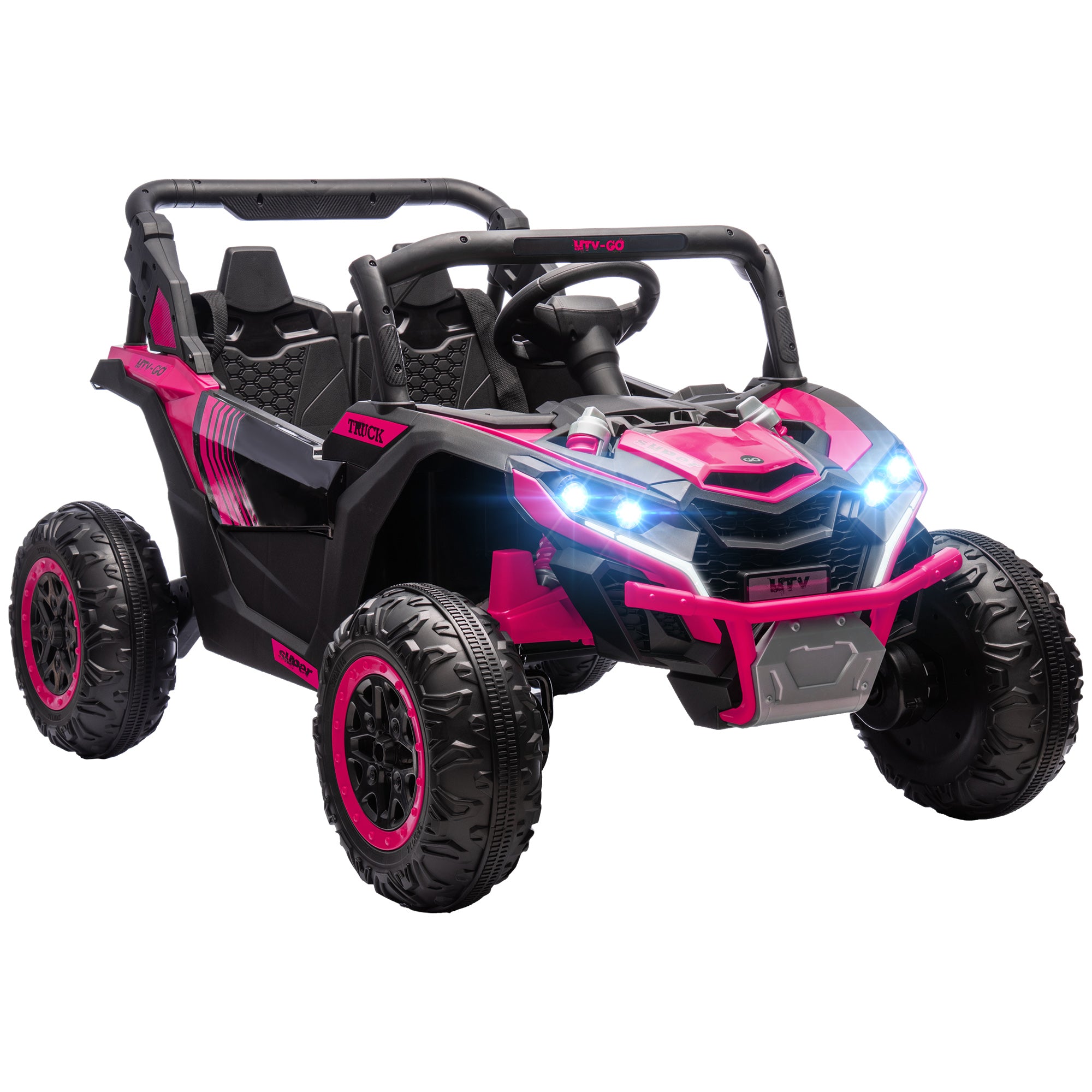 Qaba 24V 7Ah Ride On Utv, 2 Seater 4Mph Kids Electric Car Ride On Battery Powered Toy With 4 Shock Absorbers, Music Horn And Led Lights, For Toddlers 3 8 Years, Pink Pink Plastic