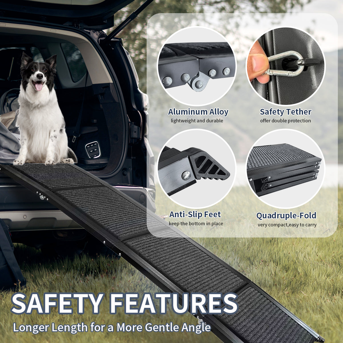 Dog Ramp For Car, 71" Long & 20" Wide Folding Portable Pet Stair Ramp With Non Slip Rug Surface, Extra Wide Dog Steps For Medium & Large Dogs Up To 250Lbs Enter A Car, Suv & Truck Grey Aluminium