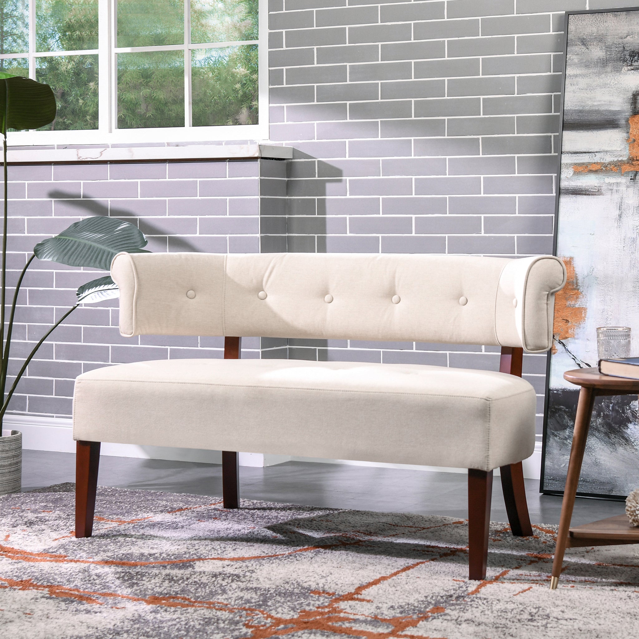 Jared Roll Arm Tufted Bench Settee, Sky Neutral Beige Polyester Beige Foam Polyester