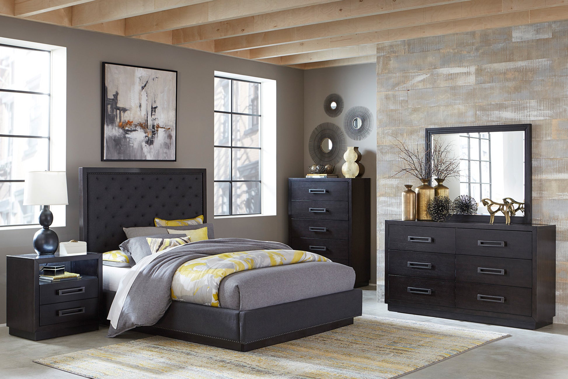 Modern Bedroom Furniture Charcoal Finish 1Pc Eastern King Bed Tufted Headboard Fabric Upholstery Trim Stylish Bed Box Spring Required King Charcoal Wood Bedroom Modern Polyester Wood