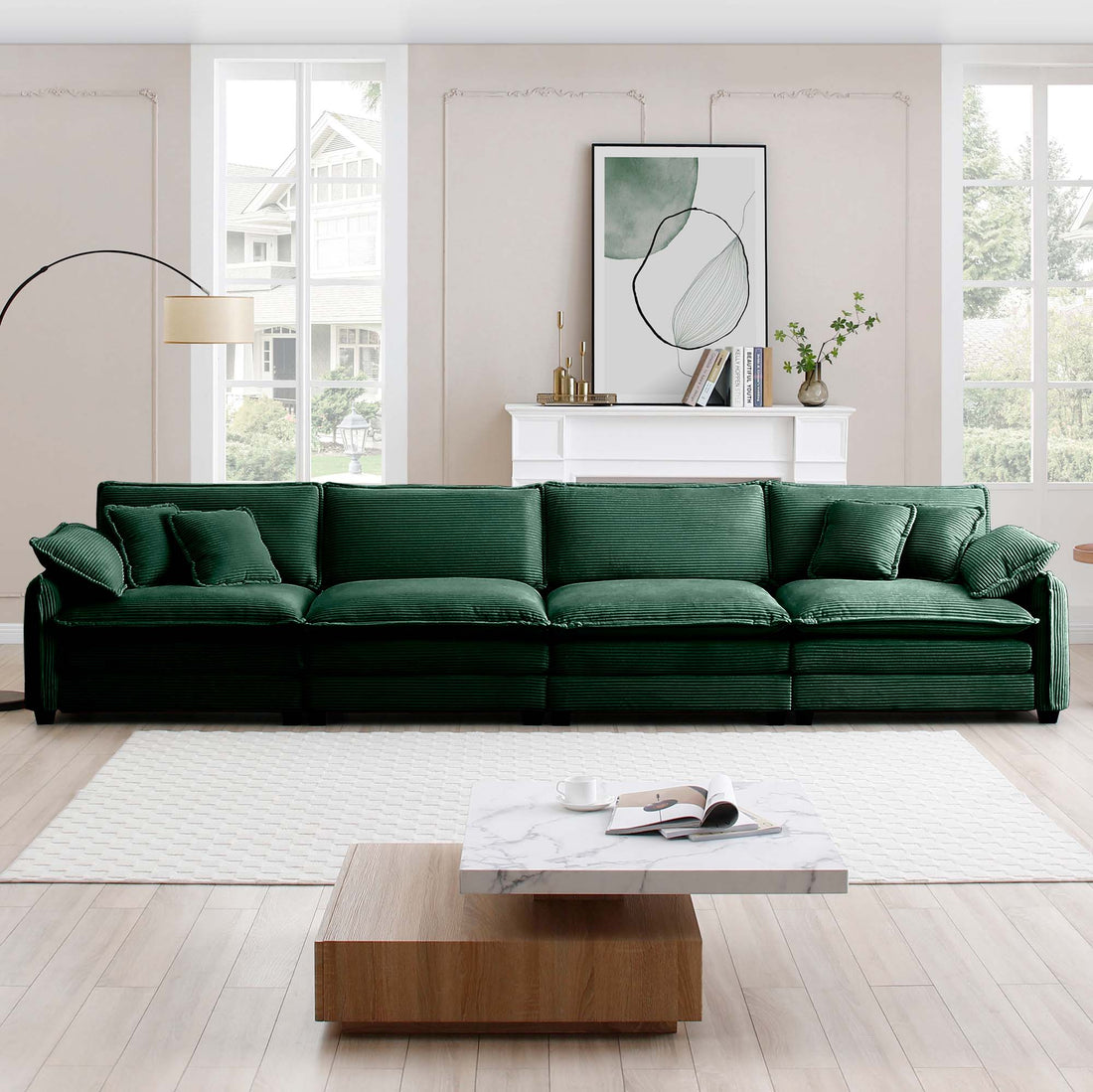 Corduroy Sofamodern Upholstered 4 Seater Corduroy Fabric Sofaoffice Living Room Apartment Comfortable Sofa, Easy To Assemble With 2 Arm Pillows And 4 Throw Pillows Green Corduroy 4 Seat