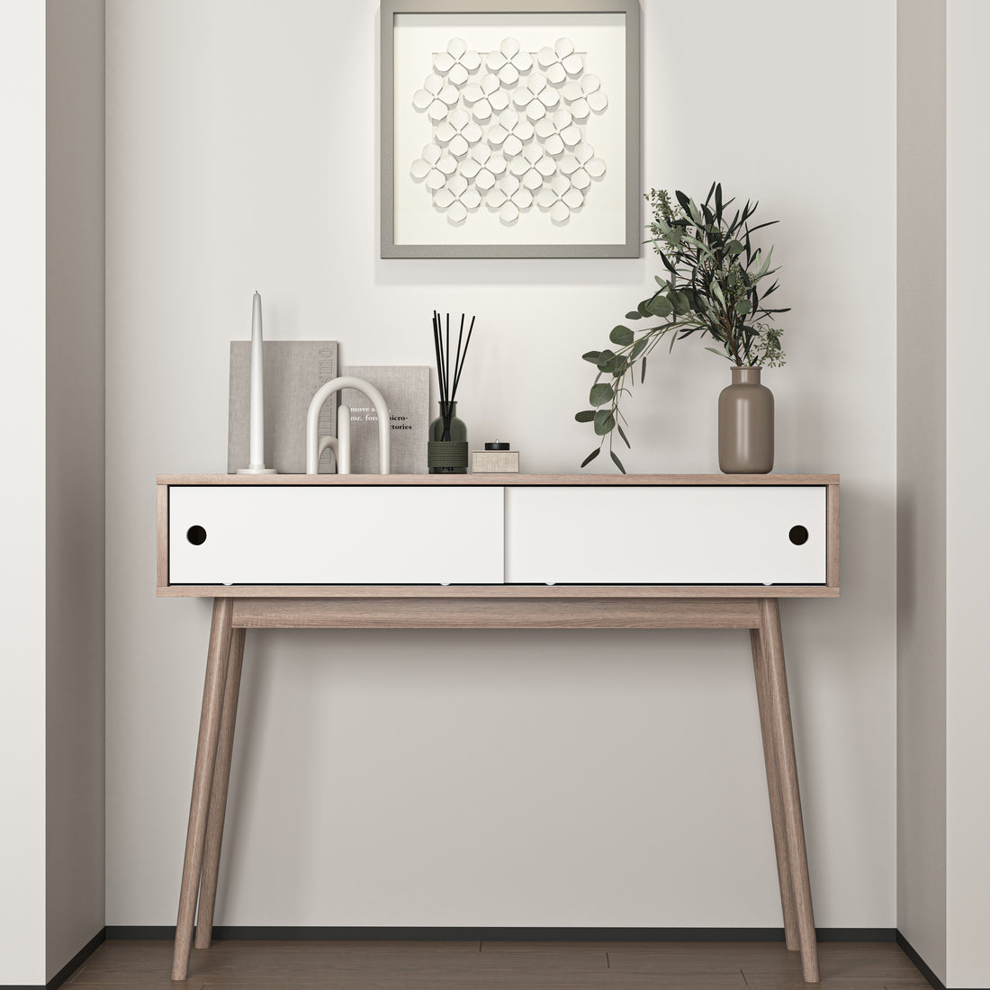 Entryway Table With 2 White Sliding Doors, Console Table With Storage Space And Wood Legs,Sofa Table Behind Couch For Hallway, Living Room, Natural Color Natural Particle Board Mdf