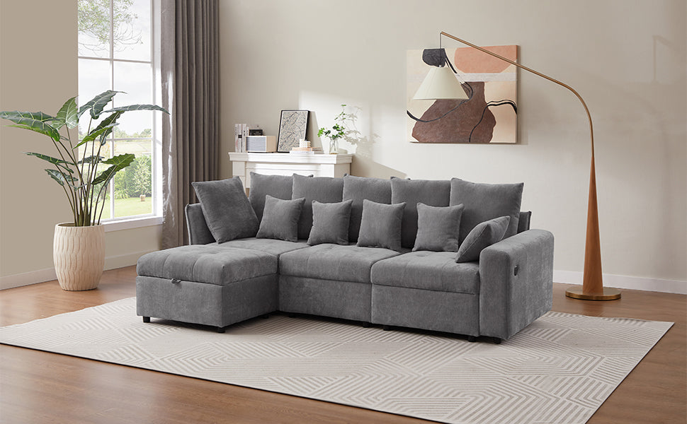 96.45"Sectional Sofa Modular Sofa Couch With Three Usb Ports, A Removable Storage Ottoman And Five Back Pillows For Living Room, Grey Grey Foam Chenille 4 Seat