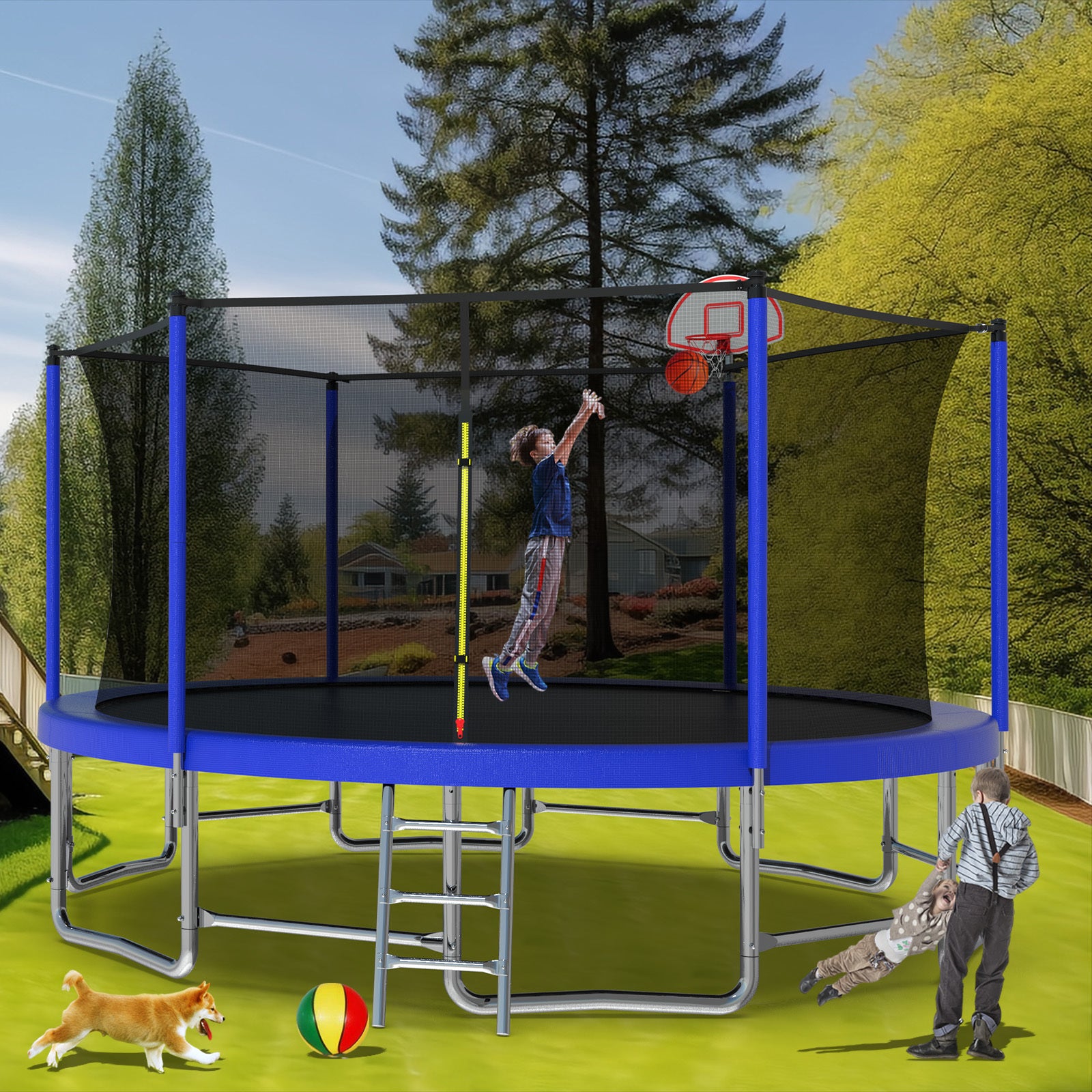 16Ft Trampoline With Balance Bar & Basketball Hoop&Ball, Astm Approved Reinforced Type Outdoor Trampoline With Enclosure Net Blue Metal