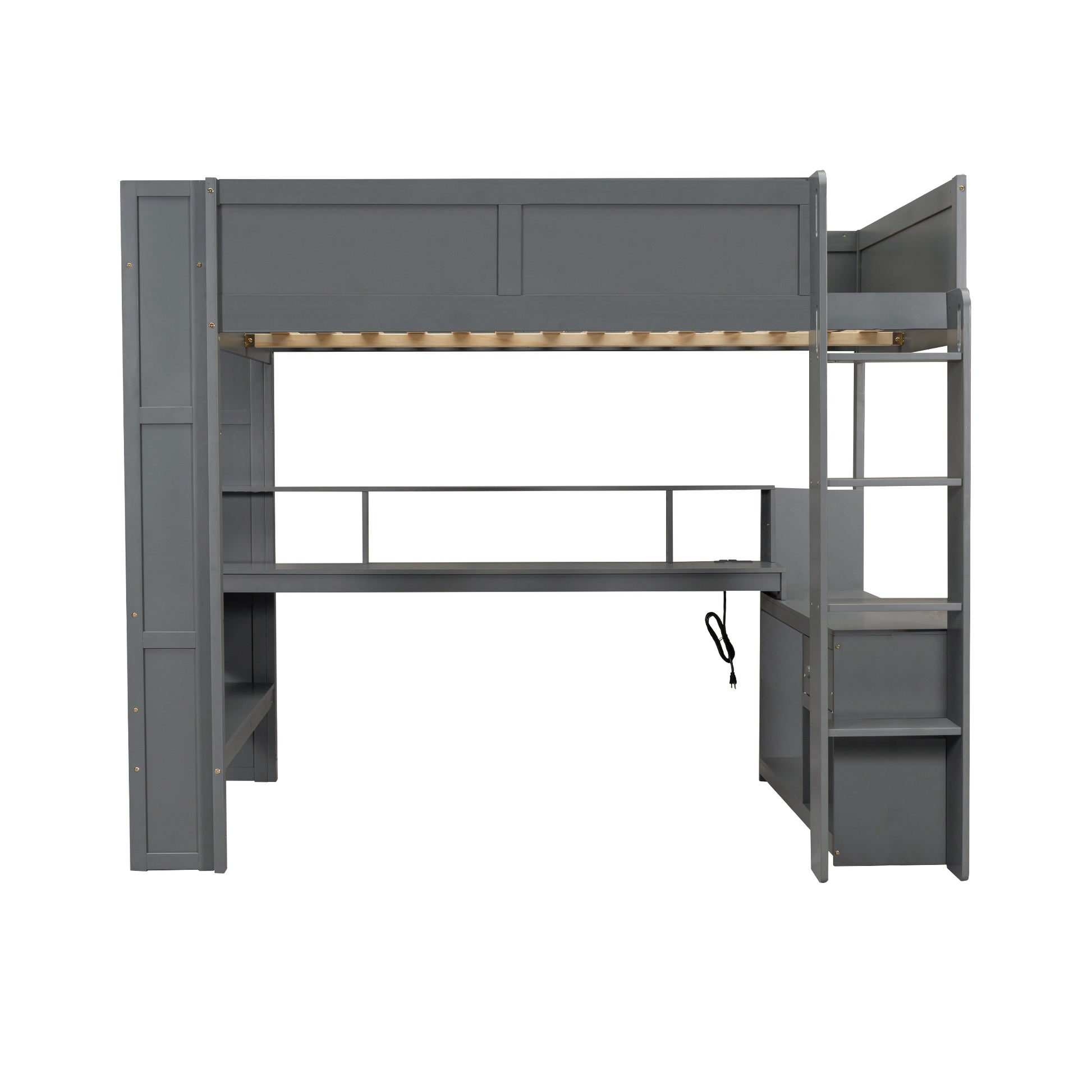 Wood Full Size Gaming Loft Bed With Desk, Multi Storage Shelves, Led And Charging Station, Dark Gray Box Spring Not Required Full Dark Gray Wood Bedroom Bed Frame Solid Wood Mdf