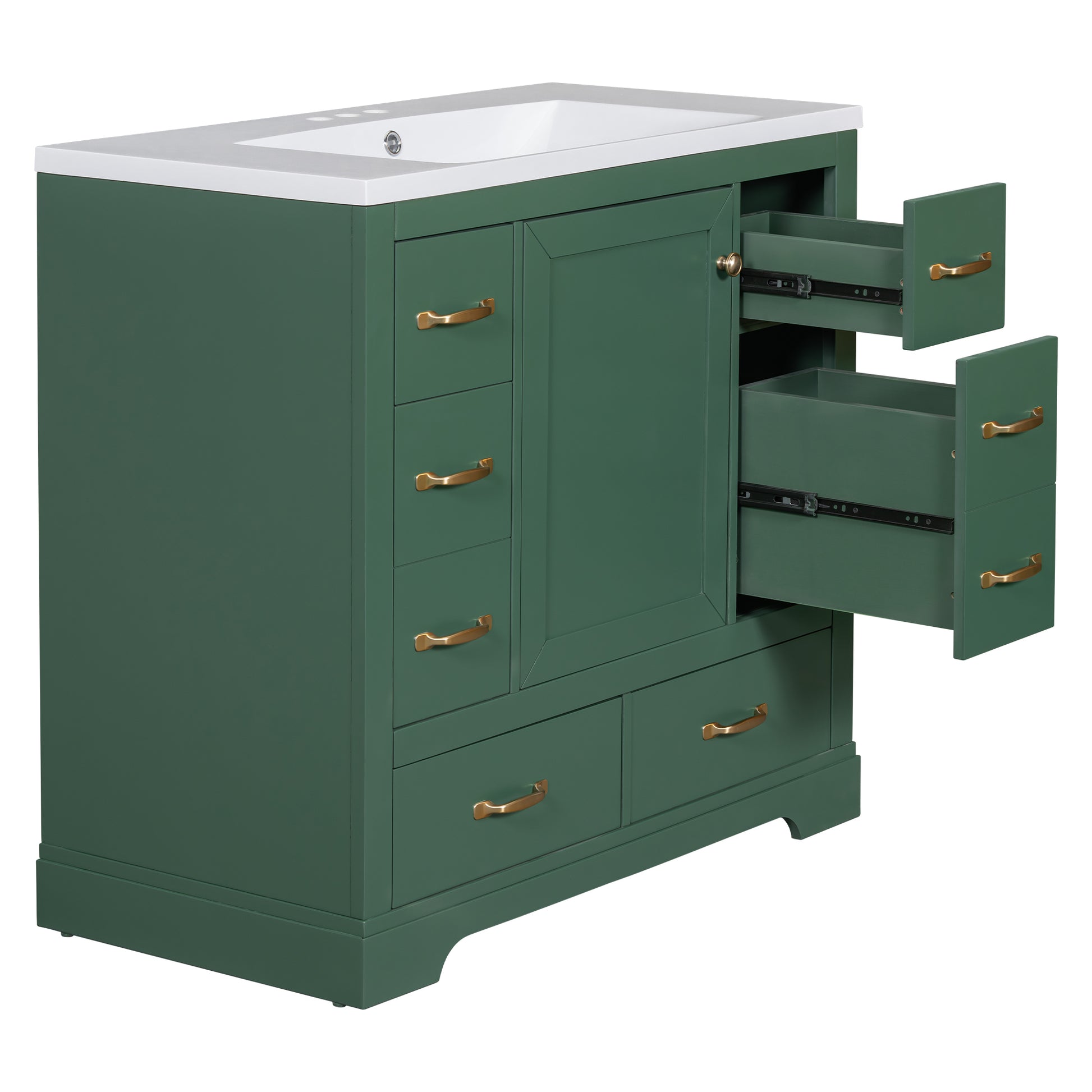 36" Bathroom Vanity With Sink Combo, Six Drawers, Multi Functional Drawer Divider, Adjustable Shelf, Green Green Solid Wood Mdf