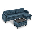 Sectional 3 Seaters Sofa ,Double Sided Multi Functional Footstool, Storage Matnon Slip Leg, Two Pillows, Velvet,Navy Blue Navy Blue Velvet 3 Seat