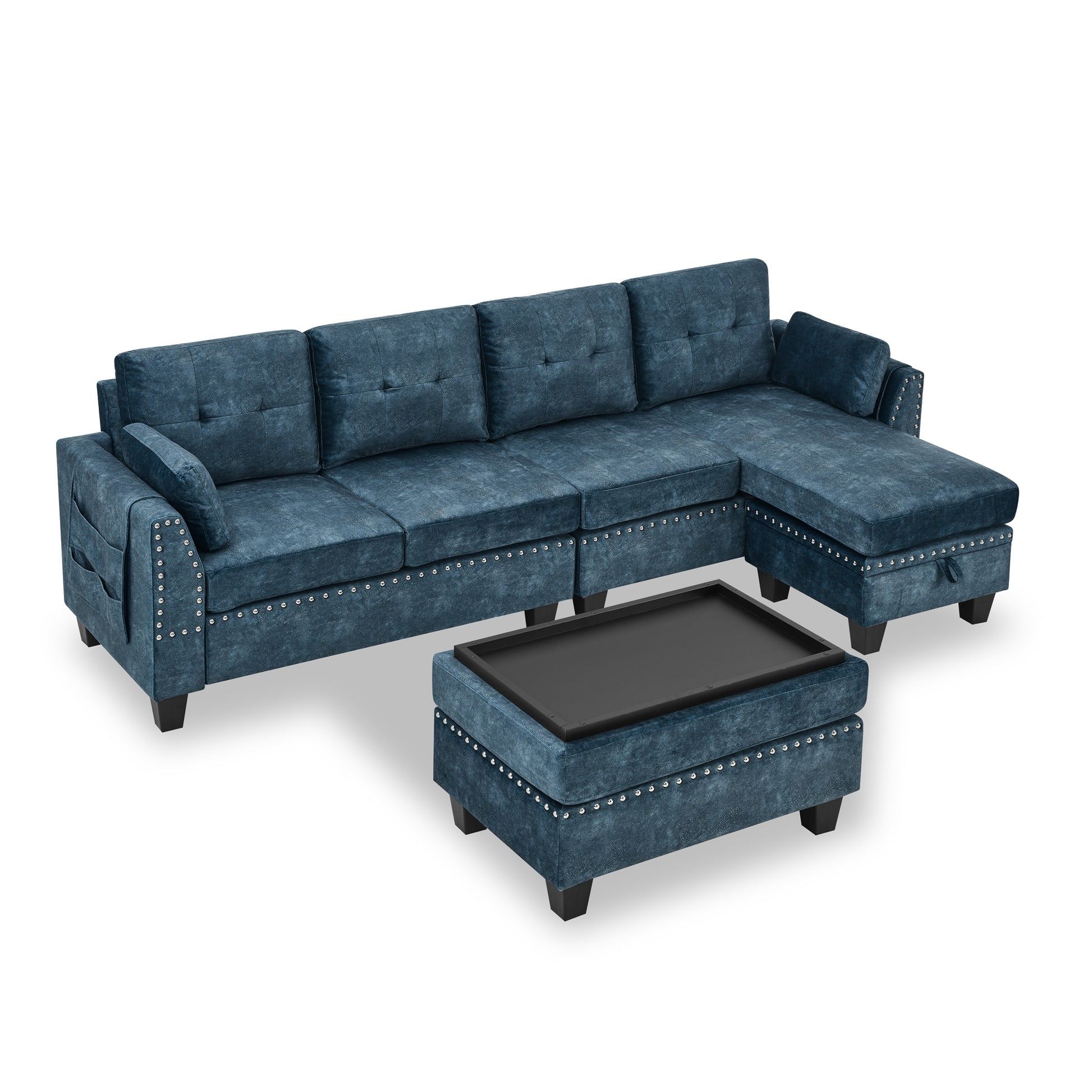 Sectional 3 Seaters Sofa ,Double Sided Multi Functional Footstool, Storage Matnon Slip Leg, Two Pillows, Velvet,Navy Blue Navy Blue Velvet 3 Seat