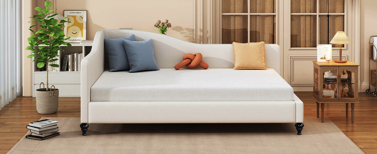 Full Size L Shaped Linen Daybed, With Solid Wood Legs, Beige Old Sku: Sf000146Aaa Full Beige Linen Mdf