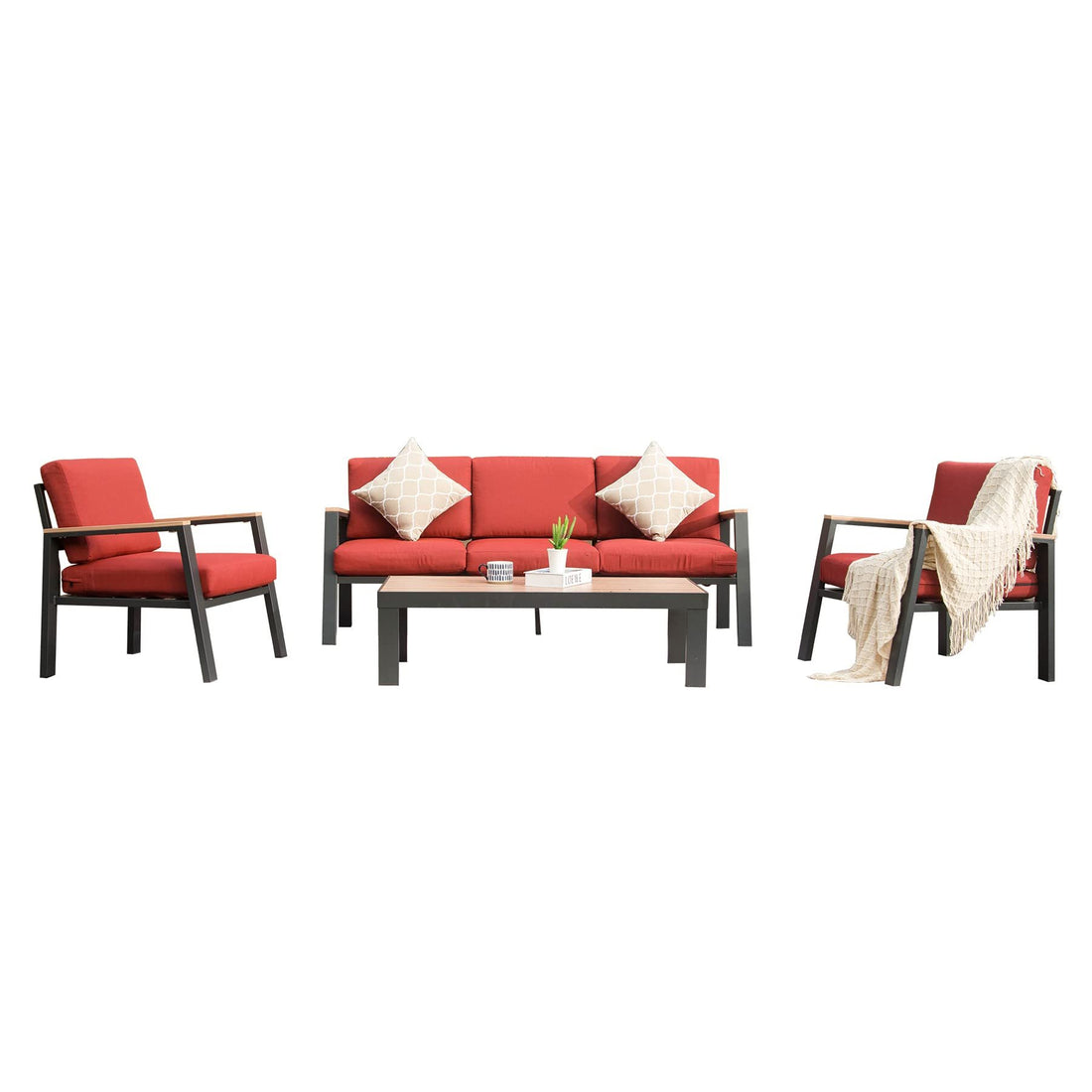 4 Pieces Aluminum Outdoor Patio Furniture Set, Modern Outdoor Sectional With Outdoor Patio Coffee Table & 7 Inch Cushion, Outdoor Patio Sectional Sofa Set For Balcony, Garden, Red Red Aluminum