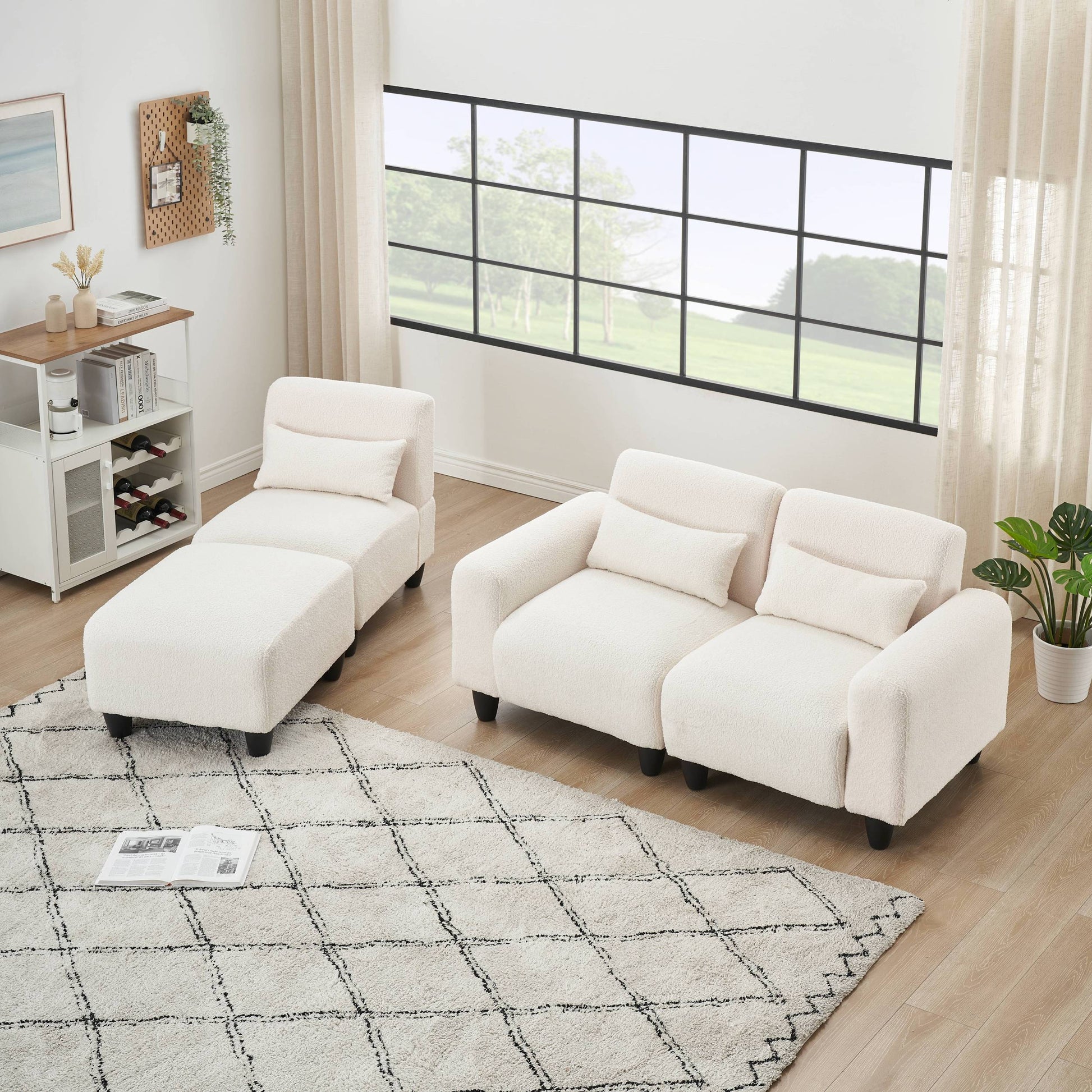 The 84.6 Inch Beige Teddy Fleece Creative Sofa Can Be Assembled Into A Two Seater Sofa Plus A Single Couch With Three Waist Pillows To Perfectly Stretch Your Waist For Small Apartment Bedroom Spaces Beige Polyester Blend 4 Seat