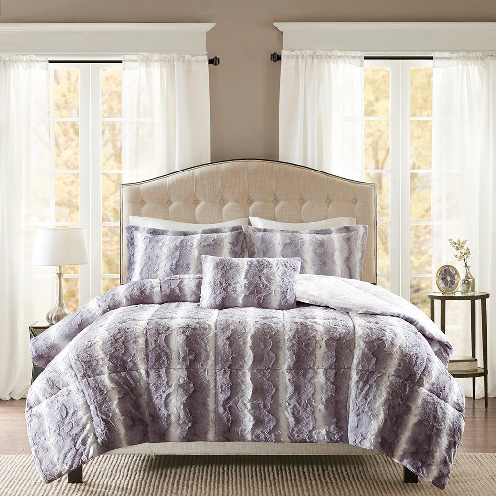 4Pc Faux Fur Comforter Set Queen Grey Polyester