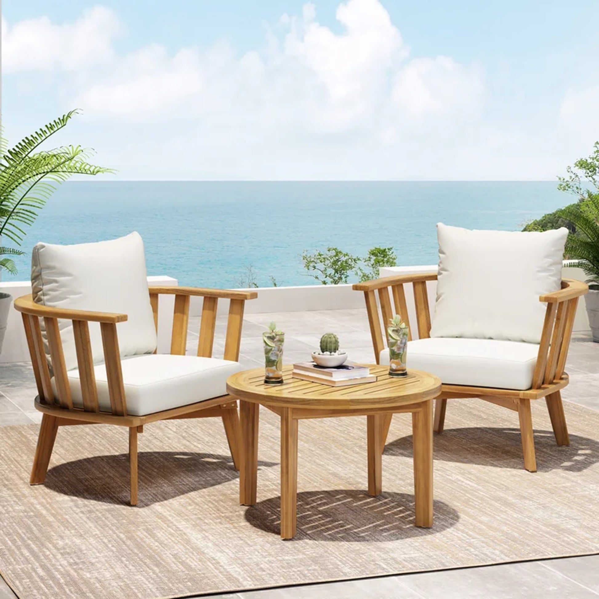 3 Piece Patio Furniture Set, Outdoor Acacia Wood Patio Club Chair With Table, Wooden Patio Furniture,Waterproof Thick Cushion Deep Seating For Porch, Garden, Backyard, Balcony, Teak Finish, White