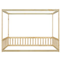 Full Size Canopy Frame Floor Bed With Fence, Guardrails,Natural Full Natural American Design Pine