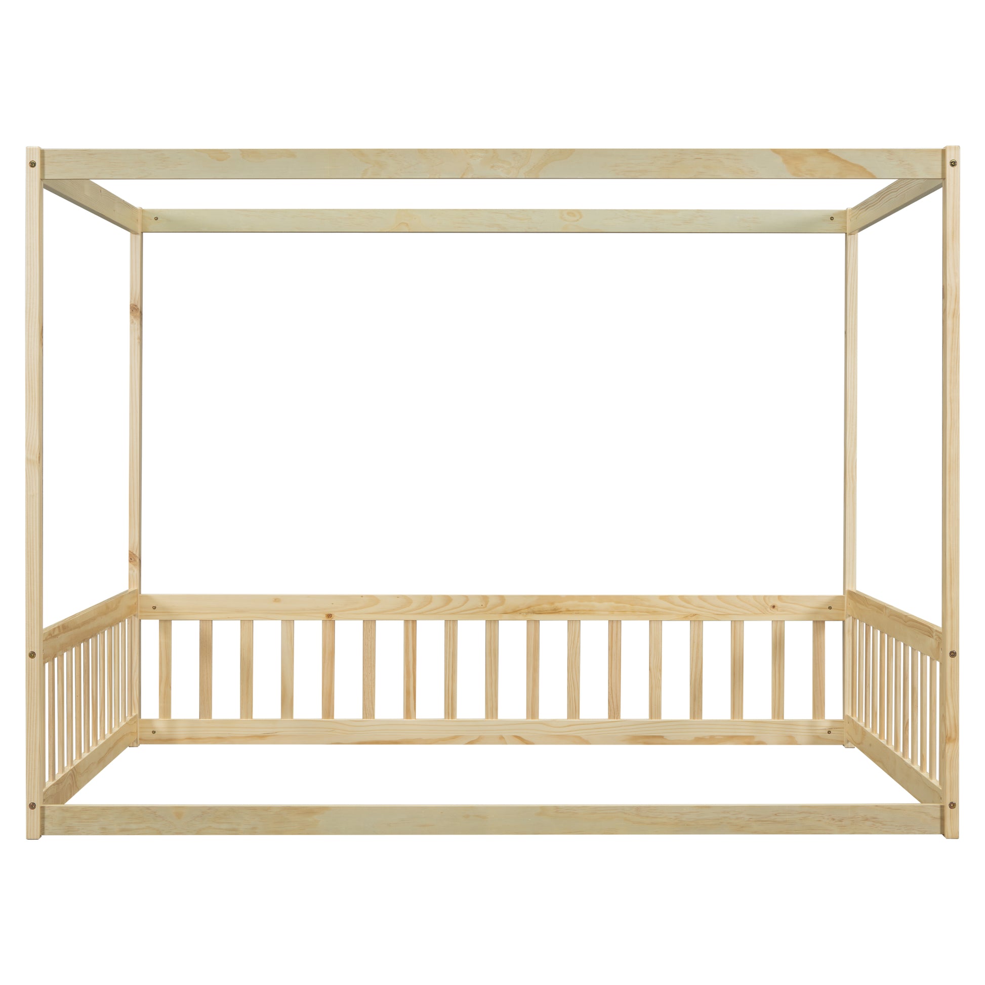 Full Size Canopy Frame Floor Bed With Fence, Guardrails,Natural Full Natural American Design Pine