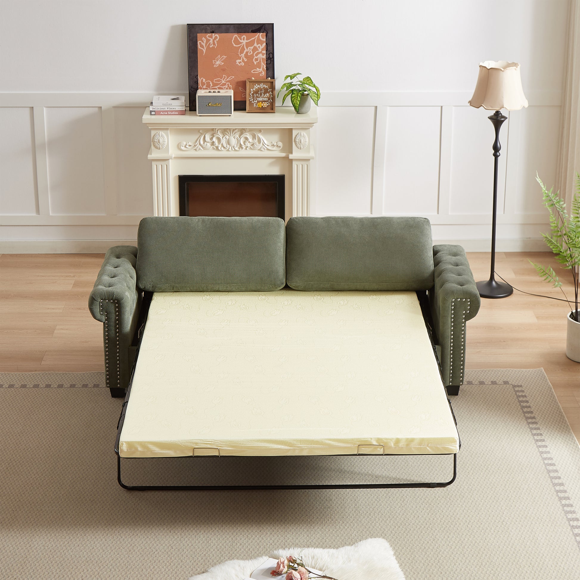 Fx 83.8" Convertible Sleeper Sofa Bed, 2 In 1 Pullout Sofa Bed, Polyester Sleeper Sofa Bed With Folding Mattress, Living Room Pullout Sofa Bed, Apartment Small Space Sofa Sleeper Green Polyester Pine Foam Fabric 3 Seat