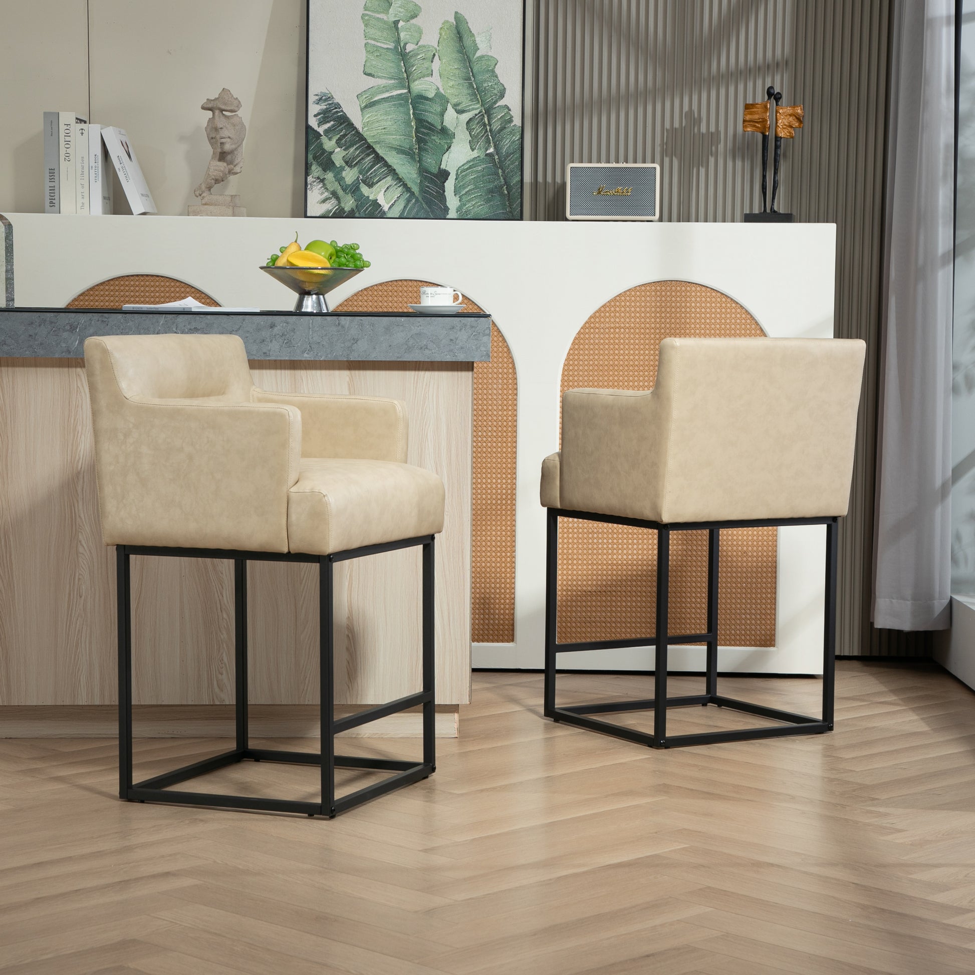 Coolmore Counter Height Bar Stools Set Of 2, Modern Barrel Bar Stool With Backrest And Arms, Black Metal Frames, Upholstered Bar Stools For Kitchen Island, Pub, Club Khaki Foam Pu Leather