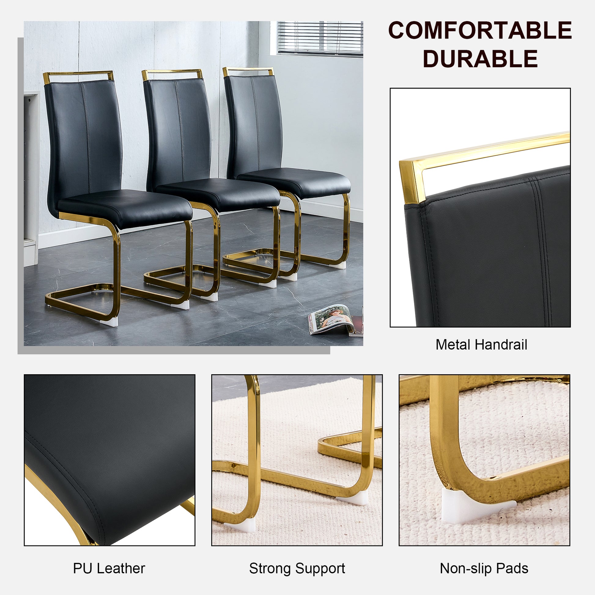 1 Table And 4 Chairs. Modern, Simple And Luxurious Black Imitation Marble Rectangular Dining Table And Desk With 4 Black Pu Gold Plated Leg Chairs 63'' X 35.4'' X 30'' Black Mdf