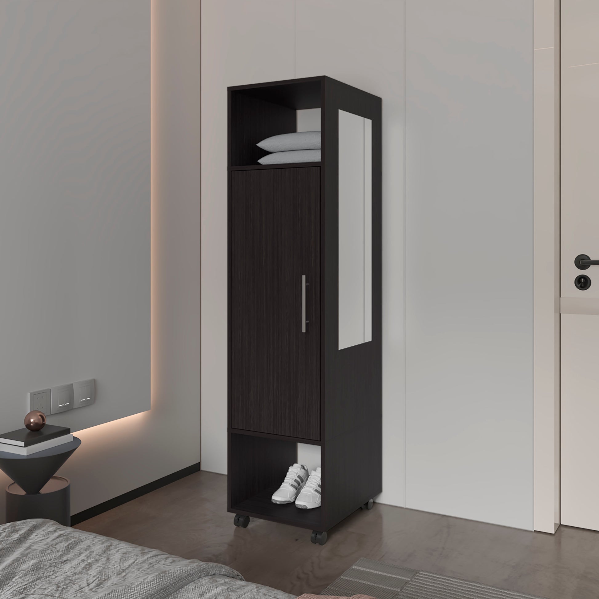 Summit Wardrobe In Melamine With Mirror,Door And Open Storage Black Bedroom Contemporary,Modern Pine Particle Board Melamine