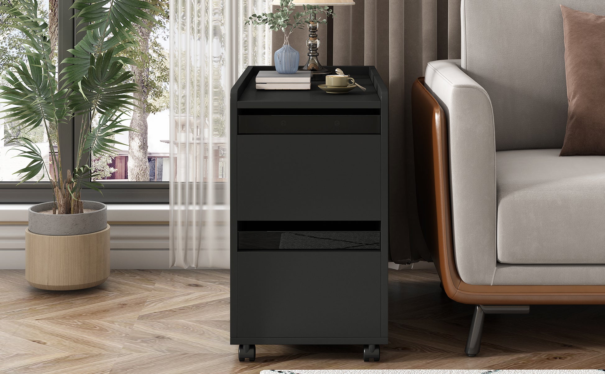 Modern End Table With Led Light And Wheels, Side Table With Transparent Brown Glass Door, 2 Storage Shelves And Drawers For Living Room, Black Black Mdf