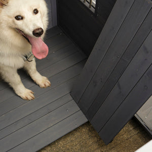 Large Balcony Doghouse, 44.2" Long X 44.6" Wide X 44.6" High Solid Wood Asphalt Roof Dog House For Large Dogs With Large Terrace, Weatherproof Large Dog House,Complimentary A Good Cleaning Mat Gray Solid Wood