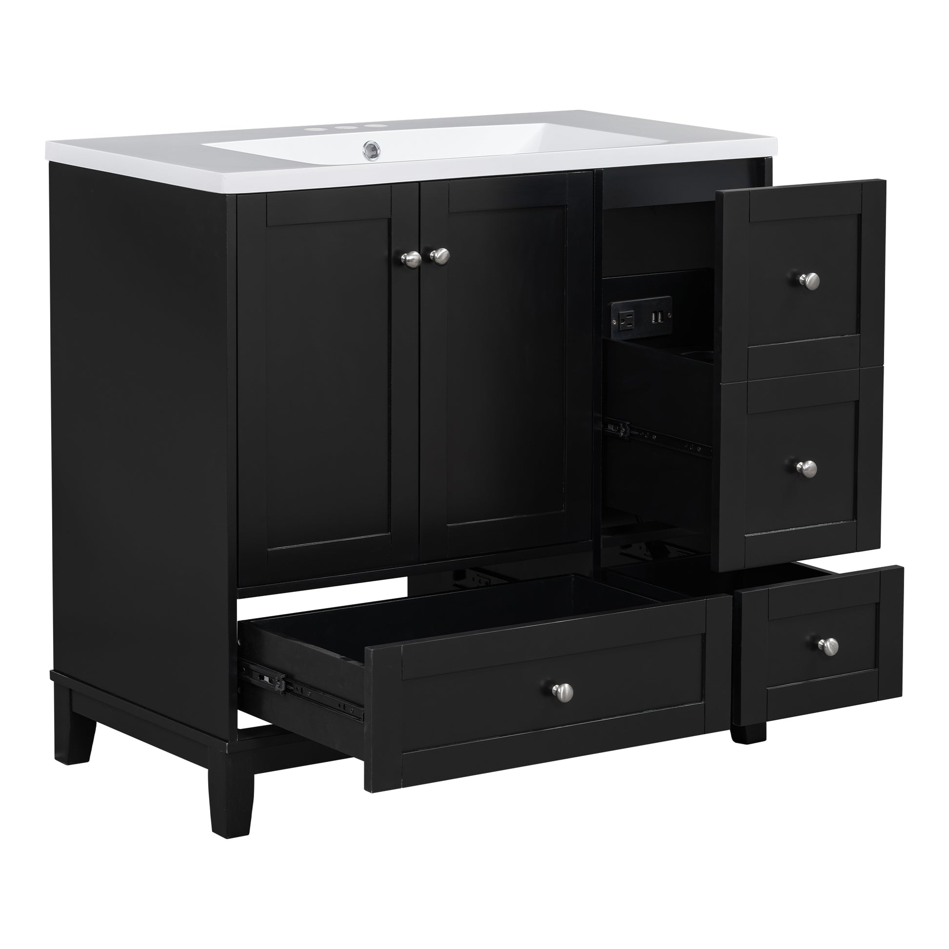 36 Inch Modern Bathroom Vanity With Usb Charging, Two Doors And Three Drawers Bathroom Storage Vanity Cabinet, Small Bathroom Vanity Cabinet With Single Sinkblack Faucets Not Included Black Bathroom Modern Solid Wood Mdf Resin