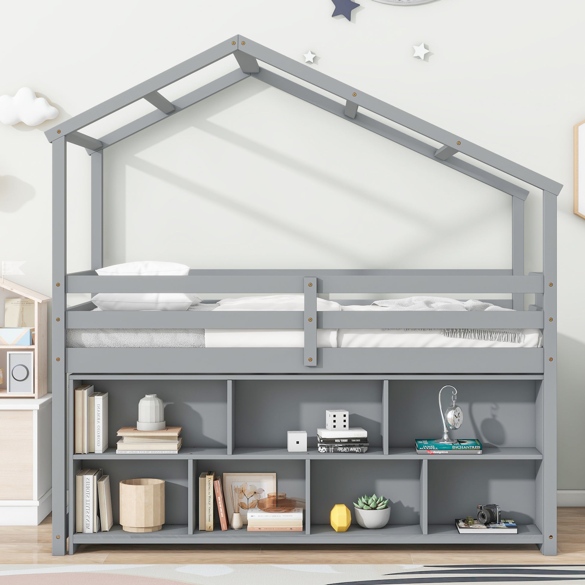 Twin House Loft Bed With Roof Frame, Under Bed Shelving Storage Unit, Guardrails, Ladder,Grey Twin Gray Bedroom American Design Pine Pine