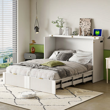Full Size Murphy Bed With Drawer And A Set Of Sockets & Usb Ports, Pulley Structure Design, White Full White Plywood