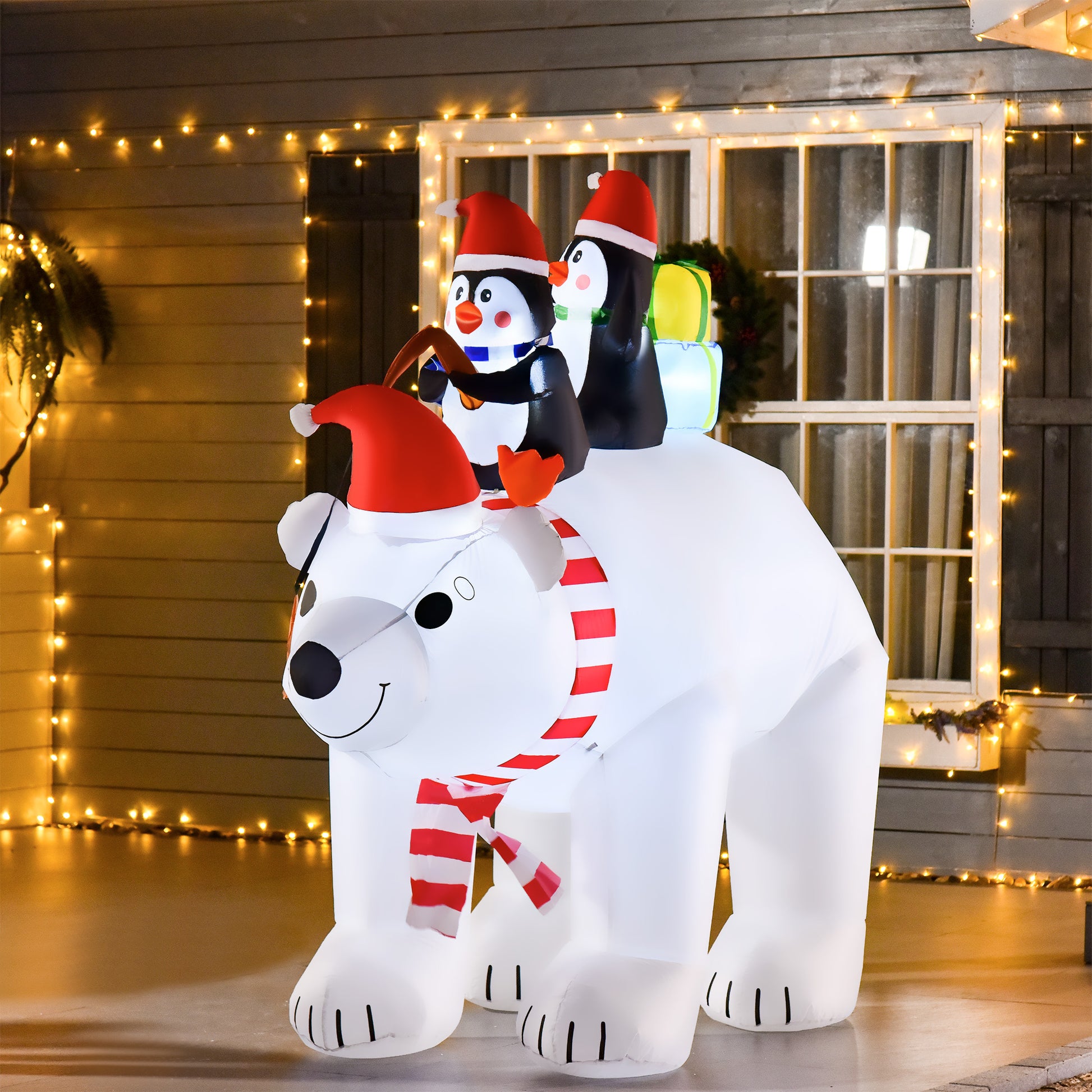 Homcom 7 Ft Polar Bear And Penguins Christmas Inflatable, Led Lighted Outdoor Holiday Blow Up Yard Decoration White Polyester