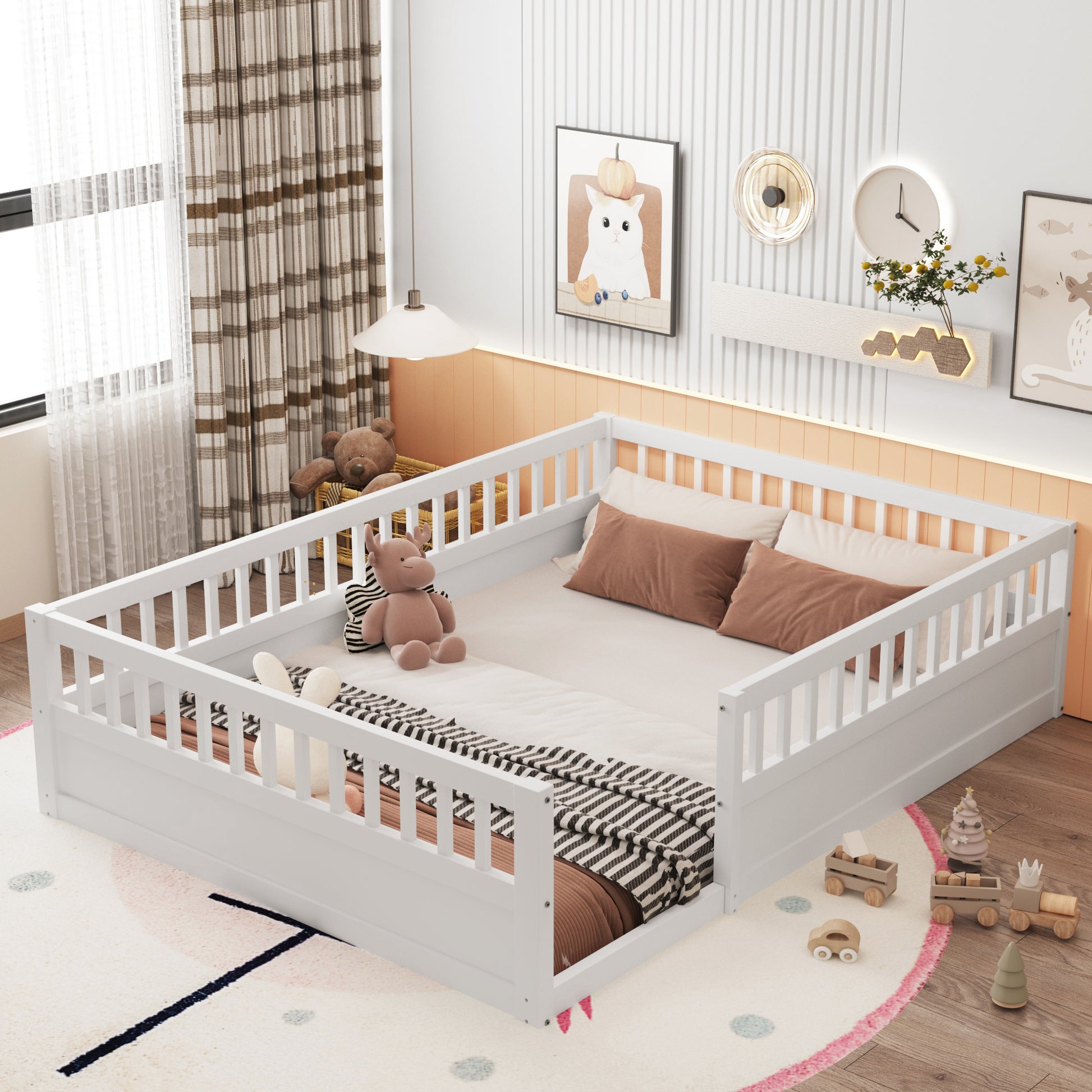 Full Floor Bed Frame With Fence, Wood Kids Floor Beds Frame For Bedroom Playroom,White Expect Arrive Date Jul. 10Th Full White Pine